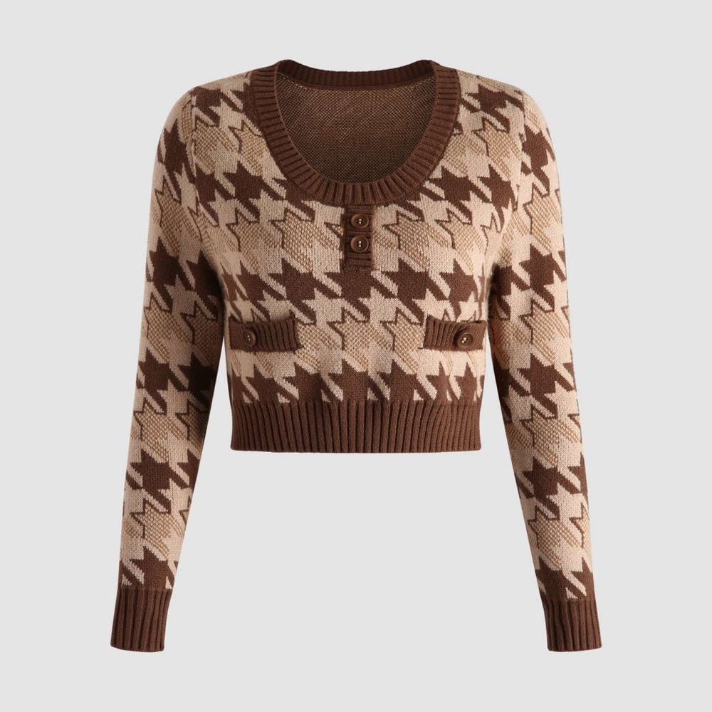 Brown Houndstooth Knit Long Sleeve